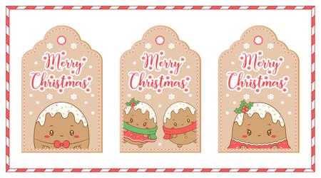 merry Christmas cute ginger cookies drawing tag cards with candy frame and snowflakeのイラスト素材