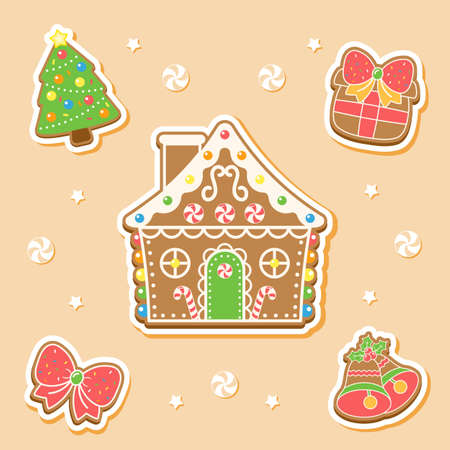 merry Christmas cute ginger bread house elements stickers drawing with candyのイラスト素材