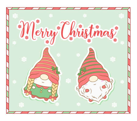 merry Christmas cute drawing gnomes card tag with snowflakesのイラスト素材