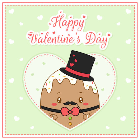 happy valentines day cute ginger cookie drawing post card with heartsのイラスト素材