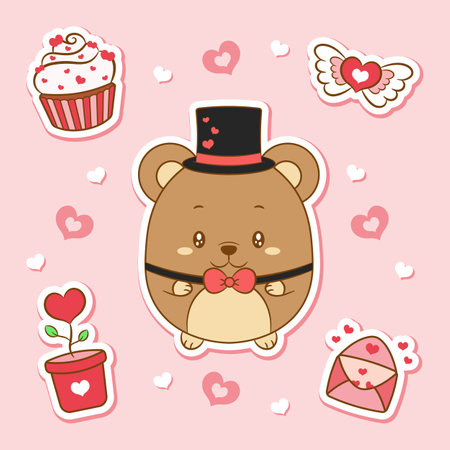 happy valentines day cute baby teddy bear drawing stickersのイラスト素材