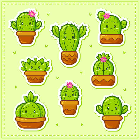 stickers of cute cactus collection set drawingのイラスト素材