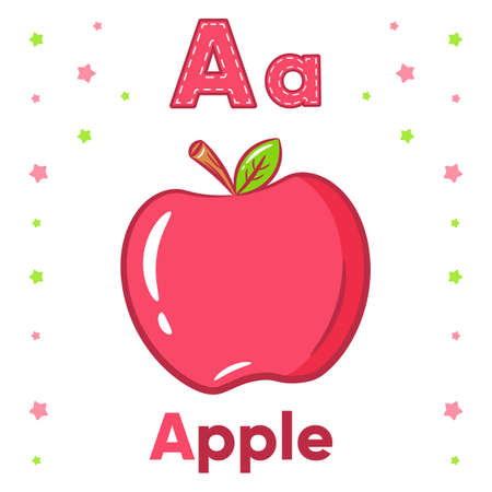 Alphabet flashcard letter A with cute apple drawingのイラスト素材