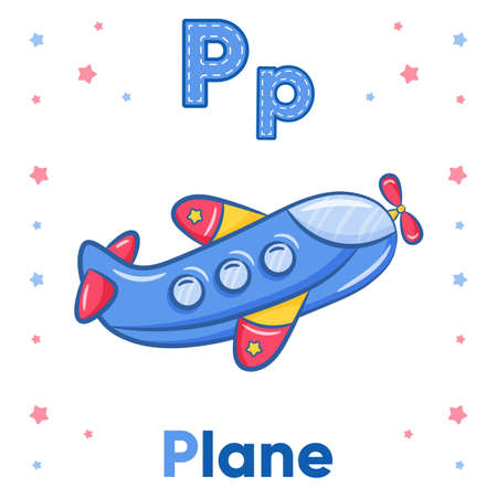 Alphabet flashcard letter P with cute plane drawingのイラスト素材