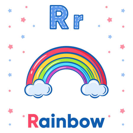 Alphabet flashcard letter R with cute rainbow drawingのイラスト素材