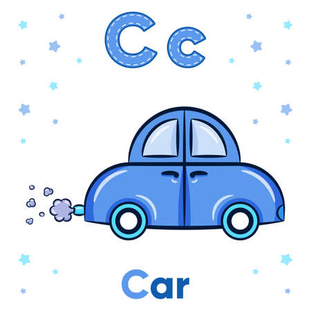 Alphabet flashcard letter C with cute car drawingのイラスト素材