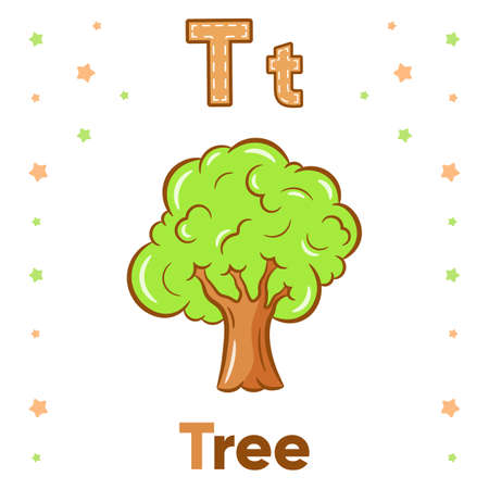 Alphabet flashcard letter T with cute tree drawingのイラスト素材