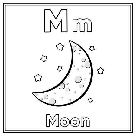 Alphabet flashcard letter M with cute moon drawing sketch for coloringのイラスト素材