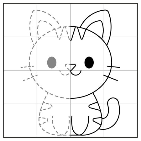 cute and simple cat drawing sketch with grid to learn how to draw for kids with gray dots trace drawingのイラスト素材