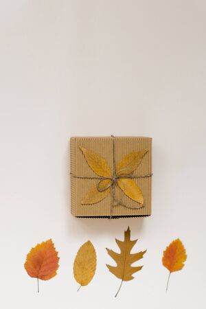 craft gift box, tied with string with a bow and autumn fallen leaves on a beige background. Yellow and red leaves. Autumn shopping discounts. Copy spaceの写真素材