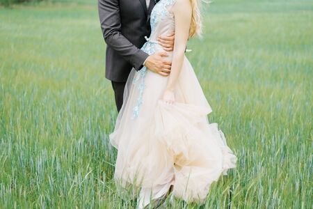 The groom embraces the bride's waist in a green field of wheat, close-upの写真素材