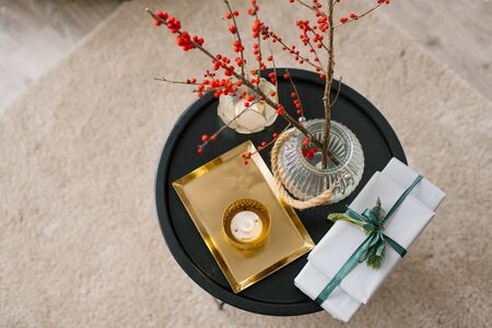 Christmas decor on the coffee table in the living roomの写真素材