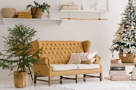 Living room, decorated for Christmas: sofa, Christmas tree with gifts and decorative shelf with Souvenirsの写真素材