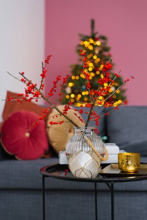 Decorated coffee table for Christmas and New year in the living roomの写真素材