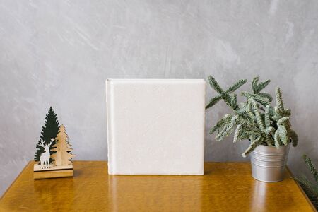 wedding photobook in white leather cover surrounded by a Christmas tree in a metal bucketの写真素材