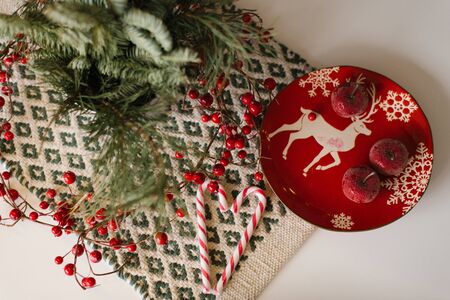 Christmas decor in the dining room in red, plate and red apples, spruceの写真素材