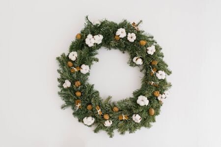 Beautiful Christmas wreath on a white backgroundの写真素材