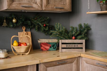 Kitchen utensils and accessories in the kitchen, decorated for Christmas and New Yearの写真素材