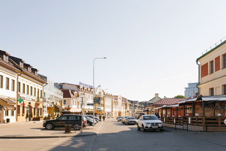 Minsk, Belarus. September 2019. Zybitskaya street and bars, a cafe on itのeditorial素材