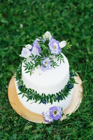 Two-tier white cake with green twigs with leaves and white-lilac flowers of eustoma and black berries on a background of grassの写真素材