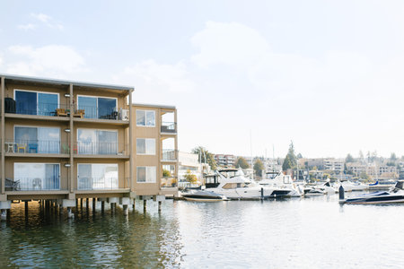 Kirkland, Washington, USA. February 2020.Water on lake Washington. Houseboats and moored yachts near the shore.のeditorial素材