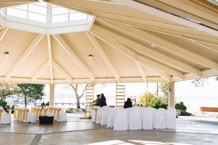 Kirkland, Washington, USA. February 2020.Gazebo or pavilion for outdoor wedding ceremonies. Preparing for the holiday.のeditorial素材