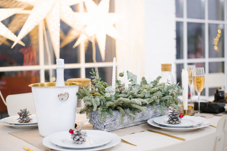 Table served for Christmas dinner in living room, close-up view, table setting, Christmas...