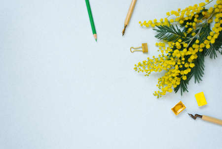 Yellow flower with stationery on blueの写真素材