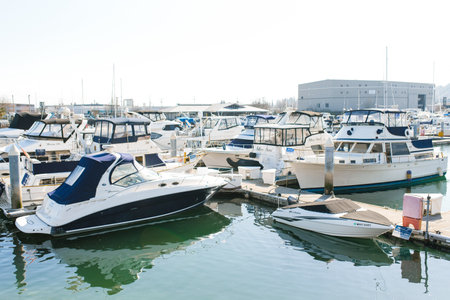 Tacoma, Washington, USA. March 2021. Boats on Puget Sound on a clear sunny day