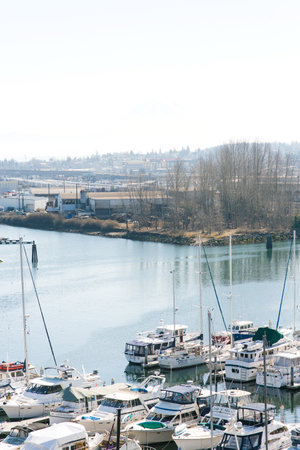 Tacoma, Washington, USA. March 2021. Yachts at Puget Sound