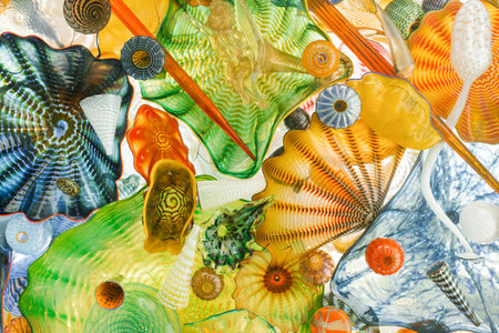 Tacoma, Washington, USA. March 2021. Background of art objects of glass in the Museum of Glass