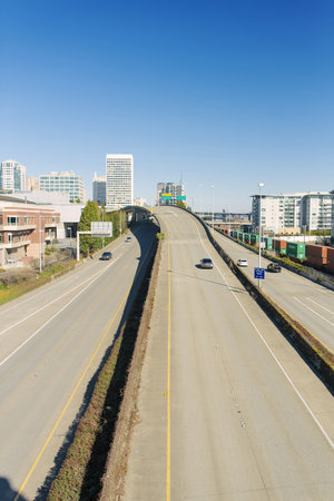 Tacoma, Washington, USA. March 2021. An overpass in the city. Highways and railways in the city...