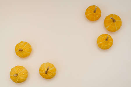 Autumn composition. Yellow little pumpkin frame on a pastel beige background. Fall, fall, halloween concept. Flat lay, top view, copy spaceの写真素材