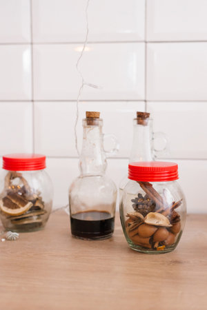 Glassware in the kitchen with foodの写真素材