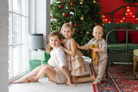 Three children a boy and girls are sitting at the window against the background of a Christmas tree in the bedroom and are preparing for the New Year and Christmasの写真素材
