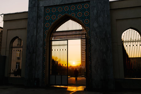 Tashkent, Uzbekistan. November 2021 Huzha Ahror Wali Mosque. Gate at sunsetのeditorial素材