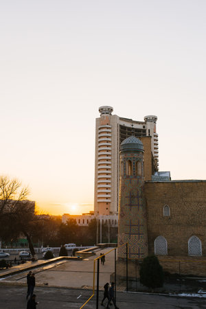 Tashkent, Uzbekistan. November 2021. Hotel Moscow in the sunset rays of the sunのeditorial素材