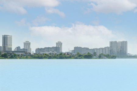 Minsk, Belarus. August 2021. View of the Lebyazhy microdistrict from the Drozdy Forest Parkのeditorial素材