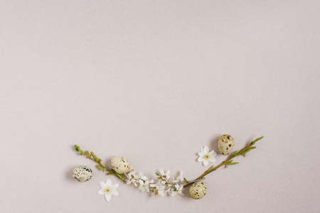 Stylish Easter flat lay. Quail eggs on a beige background with spring branches with flowers. Happy Easter greeting card. copy spaceの写真素材