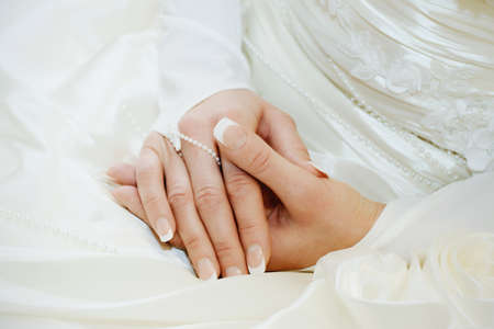 Beautiful wedding French manicure of the brideの写真素材