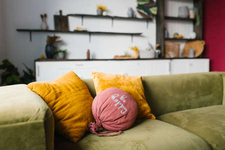 Bright pillows on the green sofa in the living room. Cozy interior of the houseの写真素材
