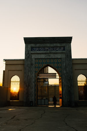 Tashkent, Uzbekistan. November 2021 Huzha Ahror Wali Mosque. Gate at sunset