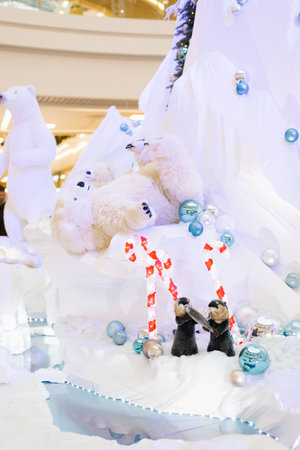 Christmas decor. Polar polar bears on an artificial icebergの写真素材