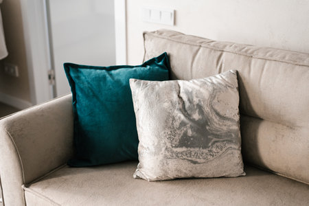 Decorative pillows of gray and turquoise color on the sofa in a cozy living roomの写真素材