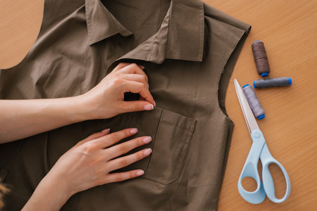 Close up view from above on the hands of a dressmaker, a young woman is manually working on the...
