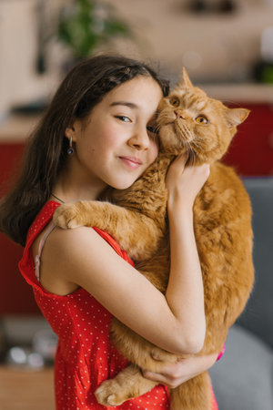 Child girl holds her pet red british cat in her arms and sits with him on the couch at home