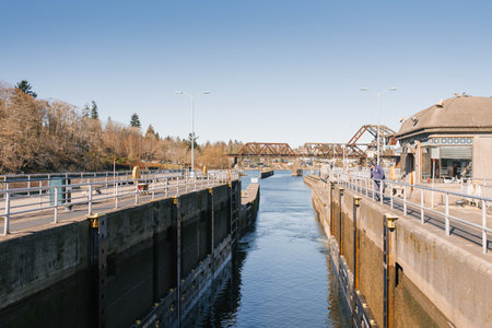 Seattle, Ballard, USA. March 2022. View of the Hiram Chittenden Locks, or Ballard Lacks, a complex of looks at the west end of Salmon Bay. Washington's Lake Washington Ship Canalのeditorial素材