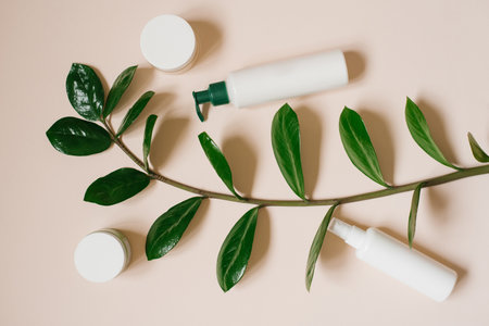 White cosmetic jar and a bottle of cream with a top view of the leaves of plants, a mock-up of the product design. natural organic cosmeticsの写真素材
