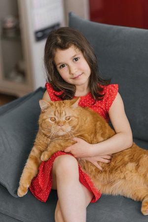 Beautiful girl in a red dress holds her beloved red British cat in her armsの写真素材