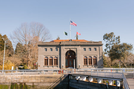 Seattle, Ballard, USA. March 2022. View of the Hiram Chittenden Locks, or Ballard Lacks, a complex of looks at the west end of Salmon Bay. Washington's Lake Washington Ship Canalのeditorial素材